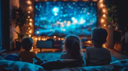 Two young children sit in front of a television, engrossed in a live concert broadcast amidst fairy lights