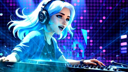 Energetic female DJ with white hair performing. Seamless 4K time-lapse animation.