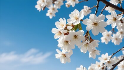 White cherry blossoms on a tree against a clear blue sky
