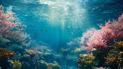 Fototapeta premium Beautiful underwater scenery with various types of fish and coral reefs Generative AI