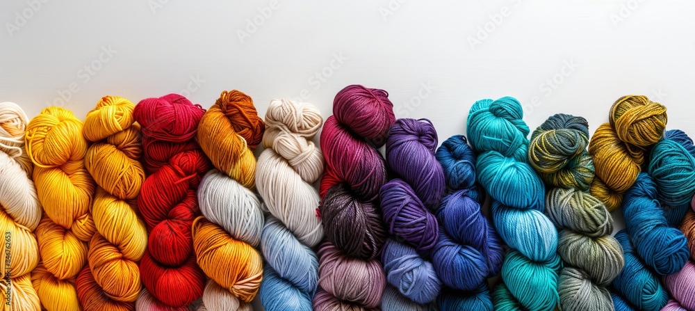 Poster colorful yarn rolls grid on white background with ample negative space for text placement