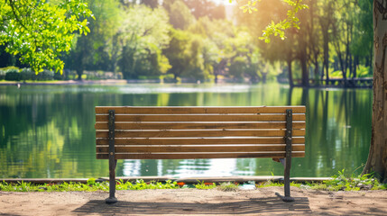 Empty wooden bench facing a serene lake in a green park