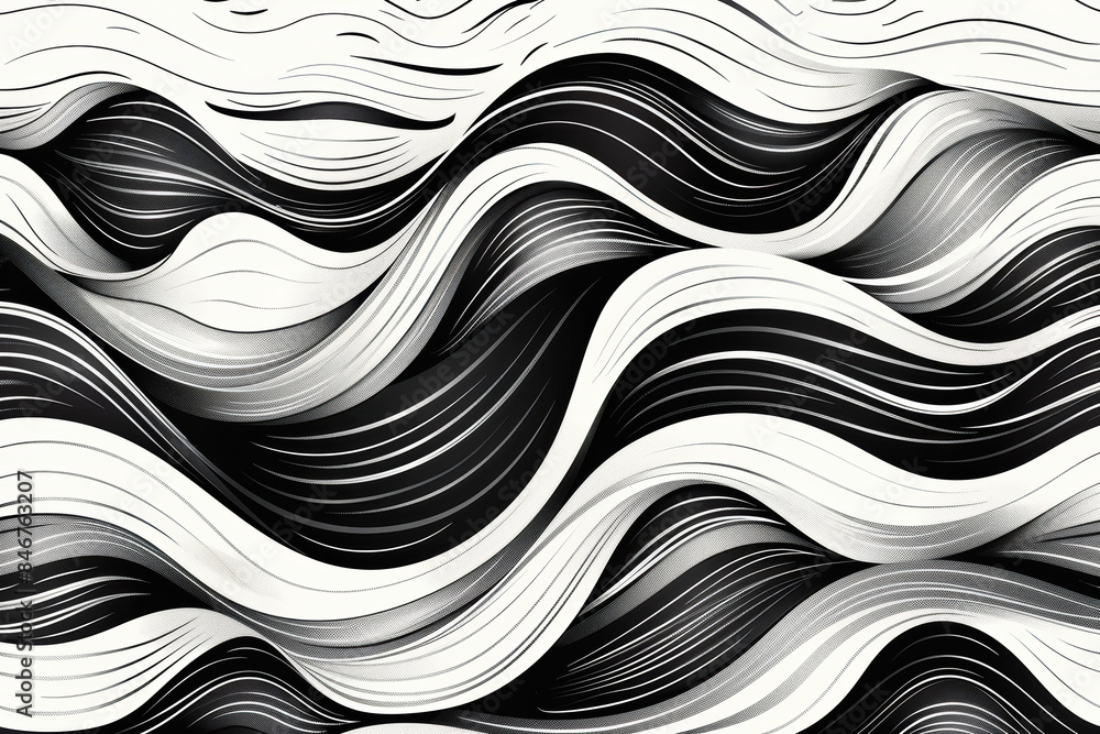 Poster monochrome abstract waves creating a dynamic, wavy pattern. the design showcases flowing, textured l