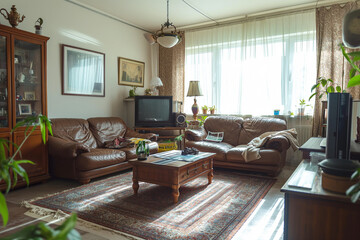 retro-style living room with old family photos