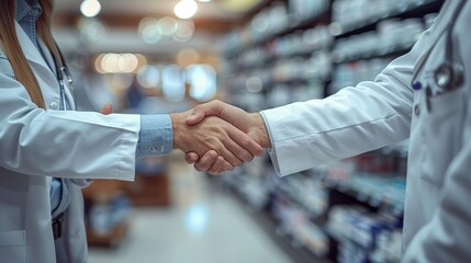 Pharmacist and Patient Engage in a Handshake within a Drugstore Background