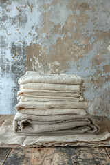 Stack of neatly folded, natural-colored linen fabrics on rustic wood against a textured, distressed wall backdrop.