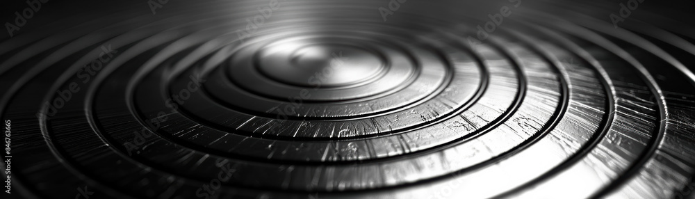 Poster close-up shot of concentric metallic rings in low light, creating an abstract and futuristic visual 