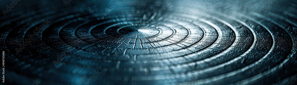 Poster close-up of a metallic surface with intricate concentric circular patterns, illuminated by blue-tint