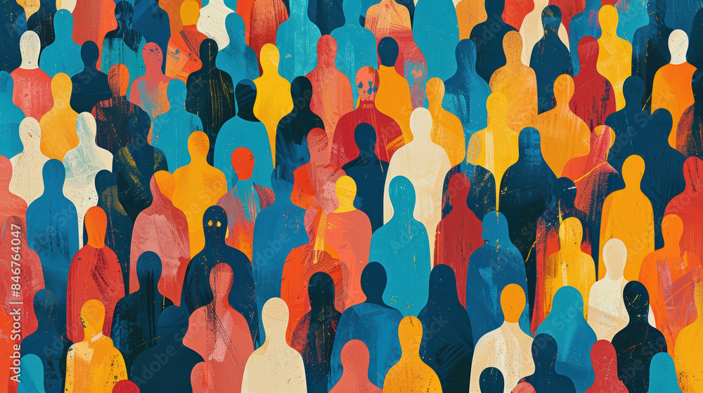 Poster colorful abstract painting of anonymous crowd. diverse faceless figures in various vibrant hues repr