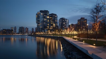 Obraz premium Vibrant Waterfront Cityscape with Elegant Residential Developments and Lush Parks at Dusk