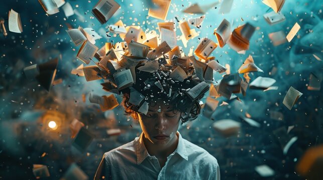 A young human brain is bombarded with overwhelming information, too much media, too much information, maximalism, news, and social