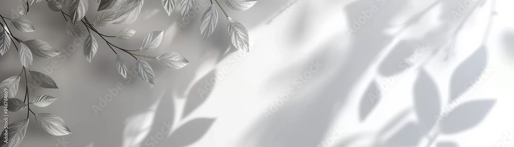 Poster elegant silver leaves with soft shadows on a white background, creating a serene and minimalist natu