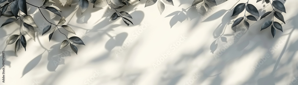 Aufkleber minimalistic composition with shadows of leaves on a white textured wall, creating an abstract and s