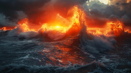 Fototapeta premium Storm in the ocean before a fiery beautiful sunset