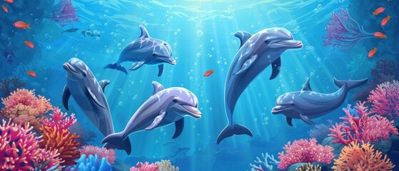 School of dolphins playing around coral reefs, underwater adventure