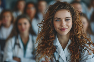 Obraz premium Photograph of a woman doctor, nurse, portrait shot smiling cheerfully, standing front row in class.