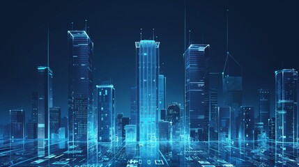 Modern Cityscape with Skyscrapers and Glass Buildings in Blue Shades Symbolizing Innovation and Technology. Representation of Digital Transformation in Real Estate
