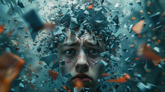 A young human brain is bombarded with overwhelming information, too much media, too much information, maximalism, news, and social