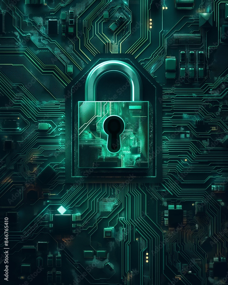 Poster circuit board background with lock symbol symbolize computer security