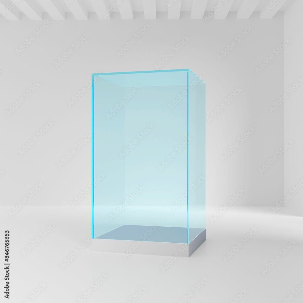 Poster glass showcase in the shape of a cube for presentation
