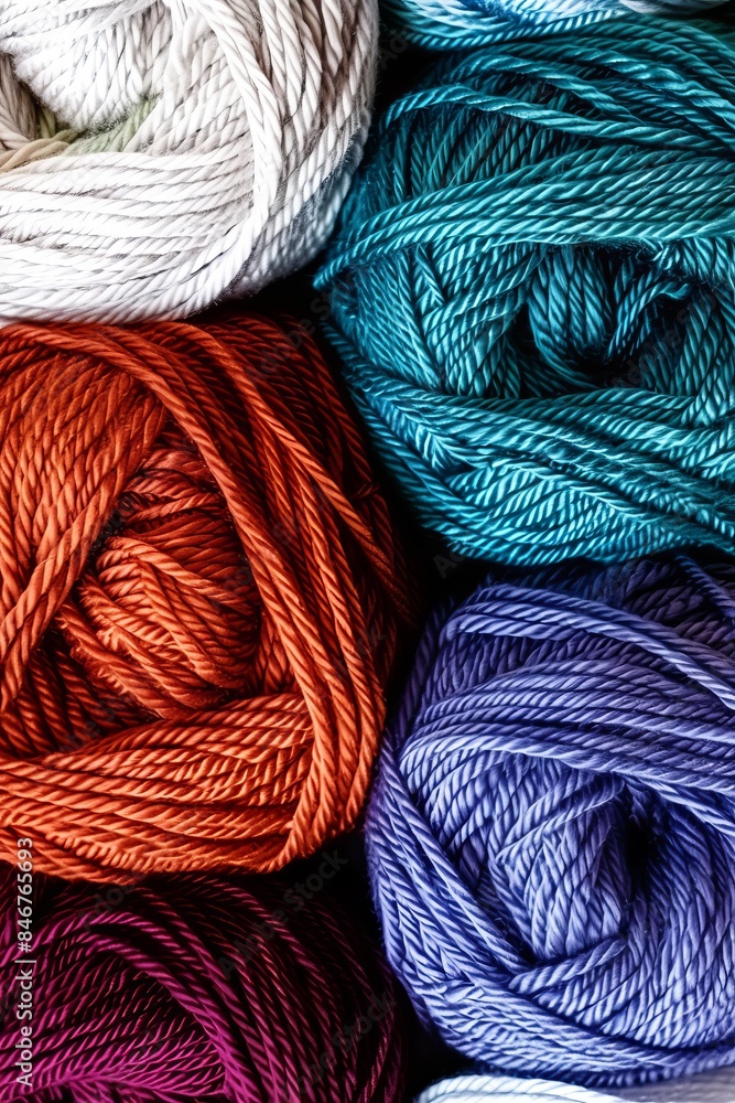Poster colorful yarn rolls grid on white background with ample negative space for versatile text placement