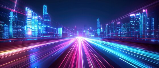 Fototapeta premium Motion effect light trails in a smart city with neon futuristic technology, skyscrapers illuminated by vibrant colors