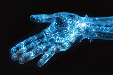 Naklejka premium A digital illustration of a human hand in a neon blue wireframe design, representing technology, connectivity, and futuristic innovation.