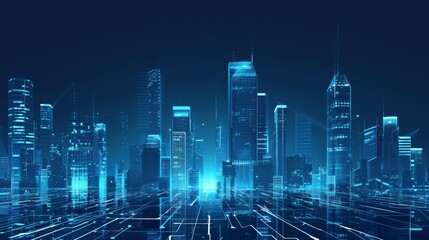 Fototapeta premium Modern Cityscape with Skyscrapers and Glass Buildings in Blue Shades Symbolizing Innovation and Technology. Representation of Digital Transformation in Real Estate