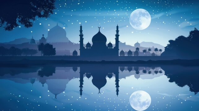 Islamic holidays banner, mosque silhouette with tranquil moonlit water backdrop