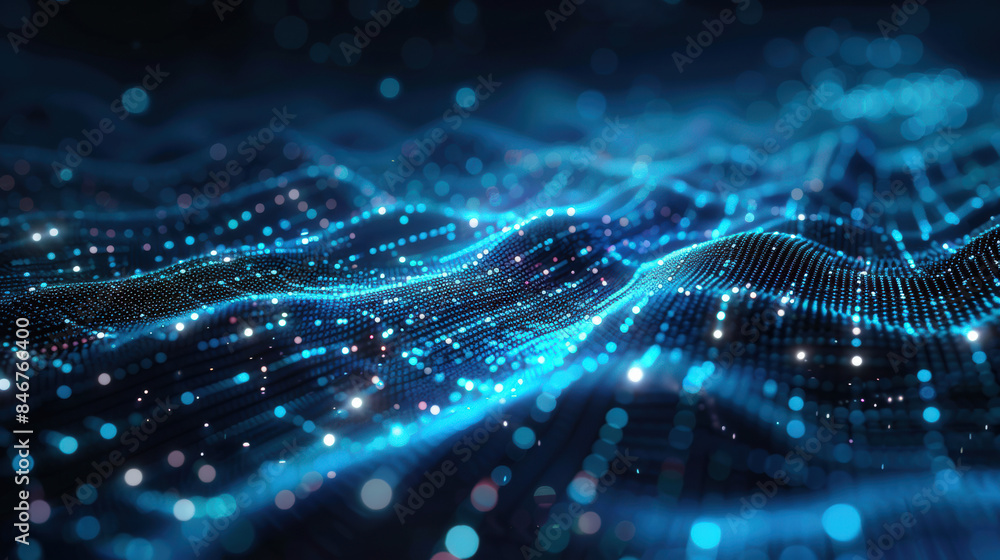 Poster abstract digital landscape of glowing blue dots and lines forming a dynamic wave pattern on a dark b