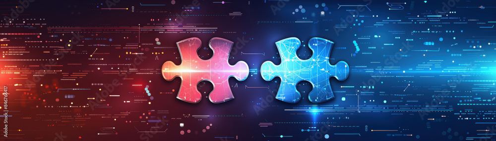 Poster two intertwined puzzle pieces, symbolizing collaboration and connection, against a backdrop of dynam