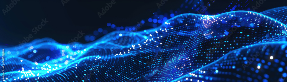 Poster abstract glowing wave of blue dots on dark background, representing futuristic technology and digita