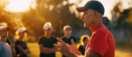 Football coach giving instructions to the team, strategic planning