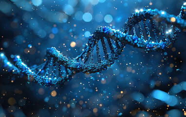 Closeup of an intricate blue DNA strand surrounded by sparkling particles on a dark background, representing genetic science and biotechnology.