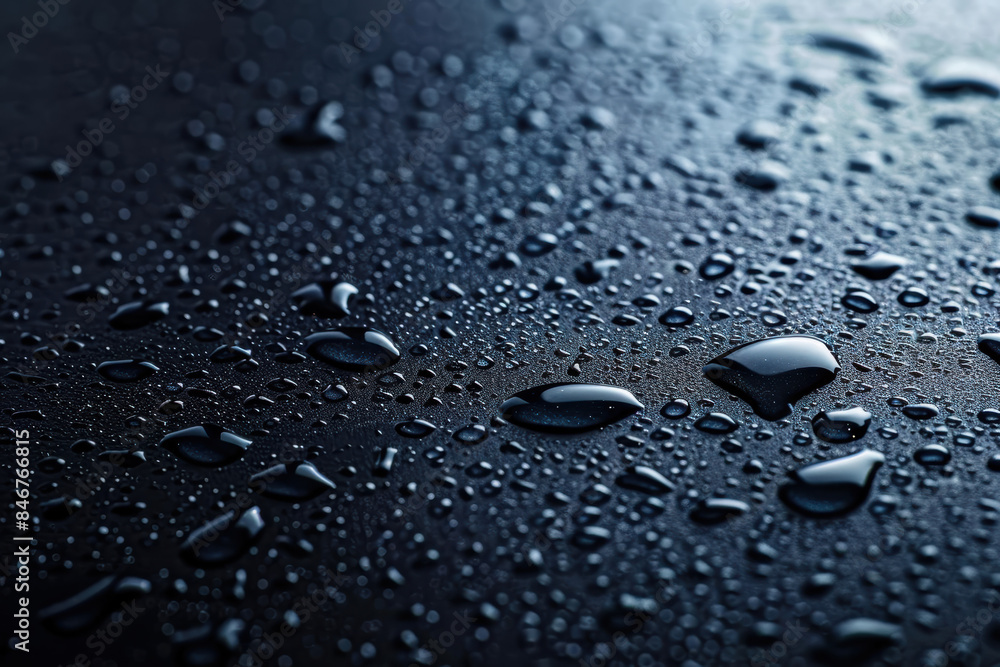 Poster close-up of water droplets on a dark surface, capturing reflections and creating a mesmerizing textu
