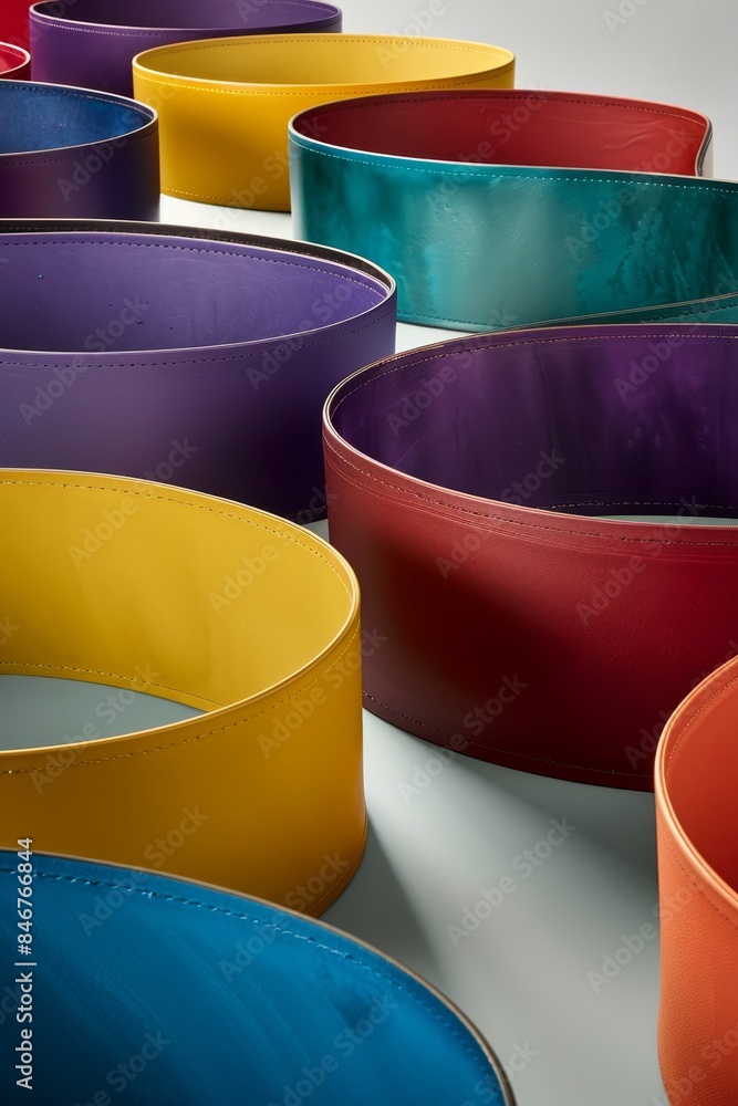 Poster colorful yarn rolls grid on white background with ample negative space for text placement