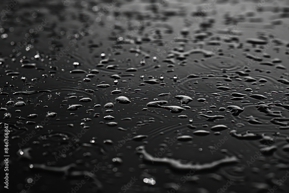 Poster close-up of raindrops on a surface in black and white, showcasing abstract patterns and textures cre