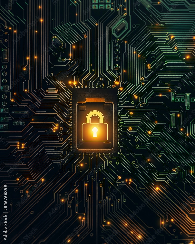 Poster circuit board background with lock symbol symbolize computer security