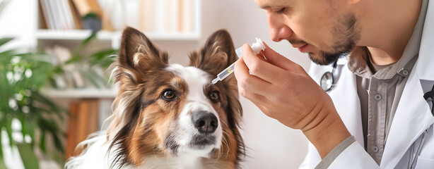 A veterinarian carefully administers eye drops to a dog during a check-up. The scene captures the importance of pet healthcare and veterinary care in a well-lit, indoor setting