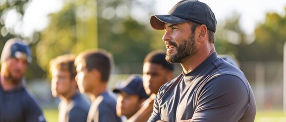 Football coach giving instructions to the team, strategic planning