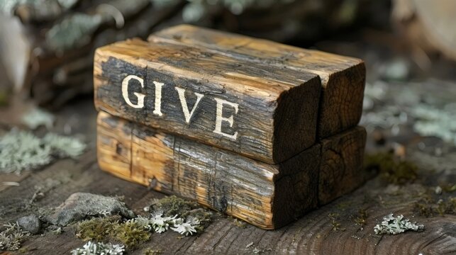 A wooden block with the word give written on it