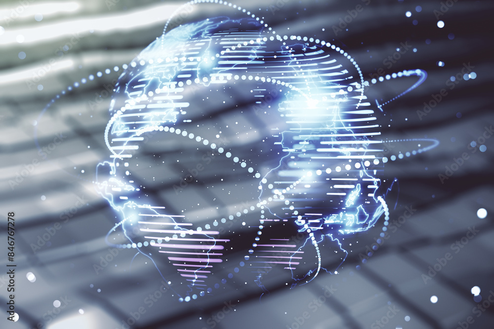 Poster abstract graphic digital world map hologram with connections on abstract metal background, globaliza