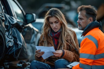 A insurance agent is looking at a car accident. Car insurance concept