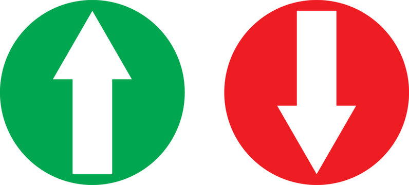 Simple up and down green and red  arrows. Upward, downward arrows isolated on white background, set of two.