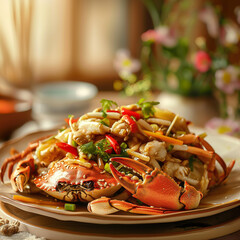 a plate of stir-fried crab in a very beautiful plate