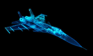 Military Jet from x-ray polygonal line. Air plane in motion, lines and connected to 3d form. 3d rendering