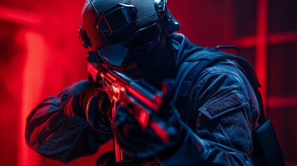 A soldier in tactical gear holds a rifle, poised and focused, under dramatic red lighting.