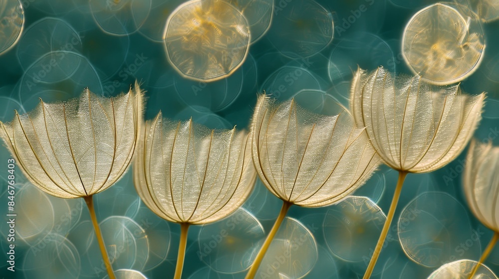 Poster dandelion seeds floating in air on soft blue backdrop with bokeh effects for serene visuals