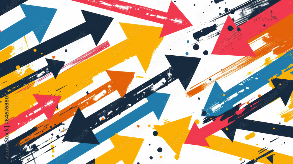Poster dynamic abstract background featuring colorful arrows and brush strokes with a modern, contemporary 