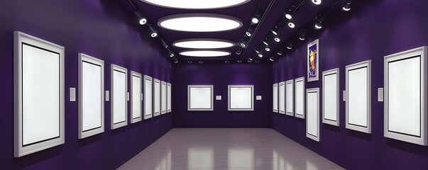 A museum exhibition hall with deep purple walls, displaying blank white frames in a perfect alignment, each frame lit by round ceiling spotlights, adding a touch of sophistication.